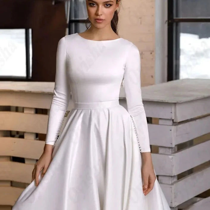 Thumbnail: Classic A-Line Satin Wedding Dress with Long Sleeves and O-Neck | Elegant Muslim