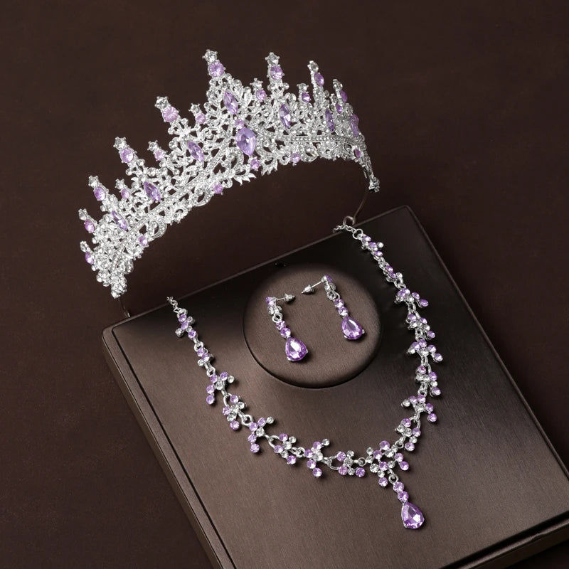 Thumbnail: Luxury Silver Color Crystal Water Drop Bridal Jewelry Set - Rhinestone Tiara wit