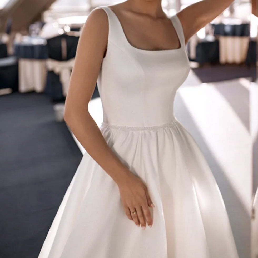 Thumbnail: Modern Minimalist Satin Wedding Dress – Square Neckline, Backless Design, Cust