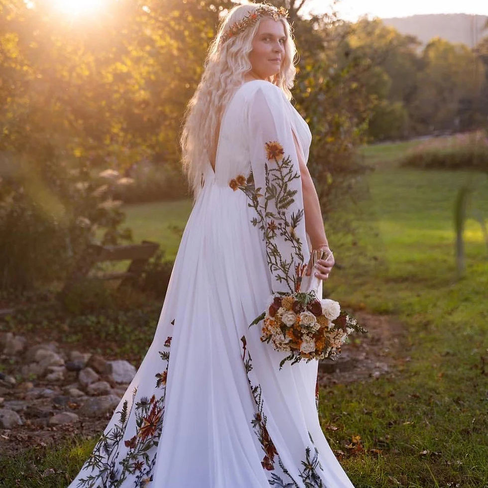 Thumbnail: Boho Floral Embroidered Wedding Dress | A-Line Chiffon Bridal Gown with Flare Sl