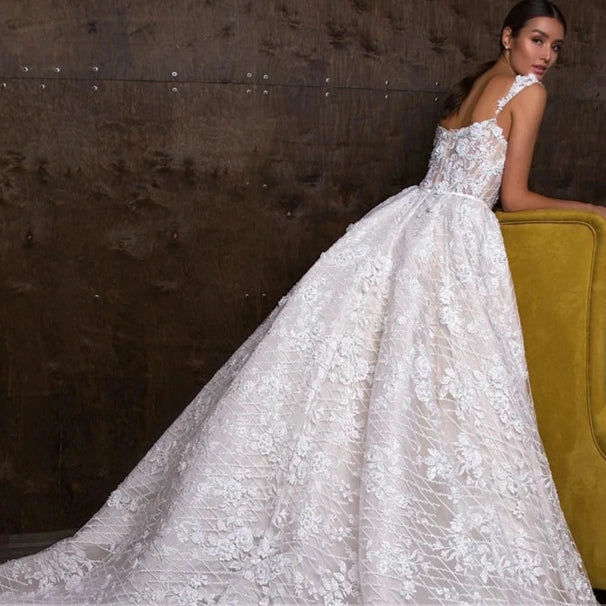 Thumbnail: Luxury 3D Beaded Lace Ball Gown Wedding Dress – Sleeveless, Boat Neck, Chapel 