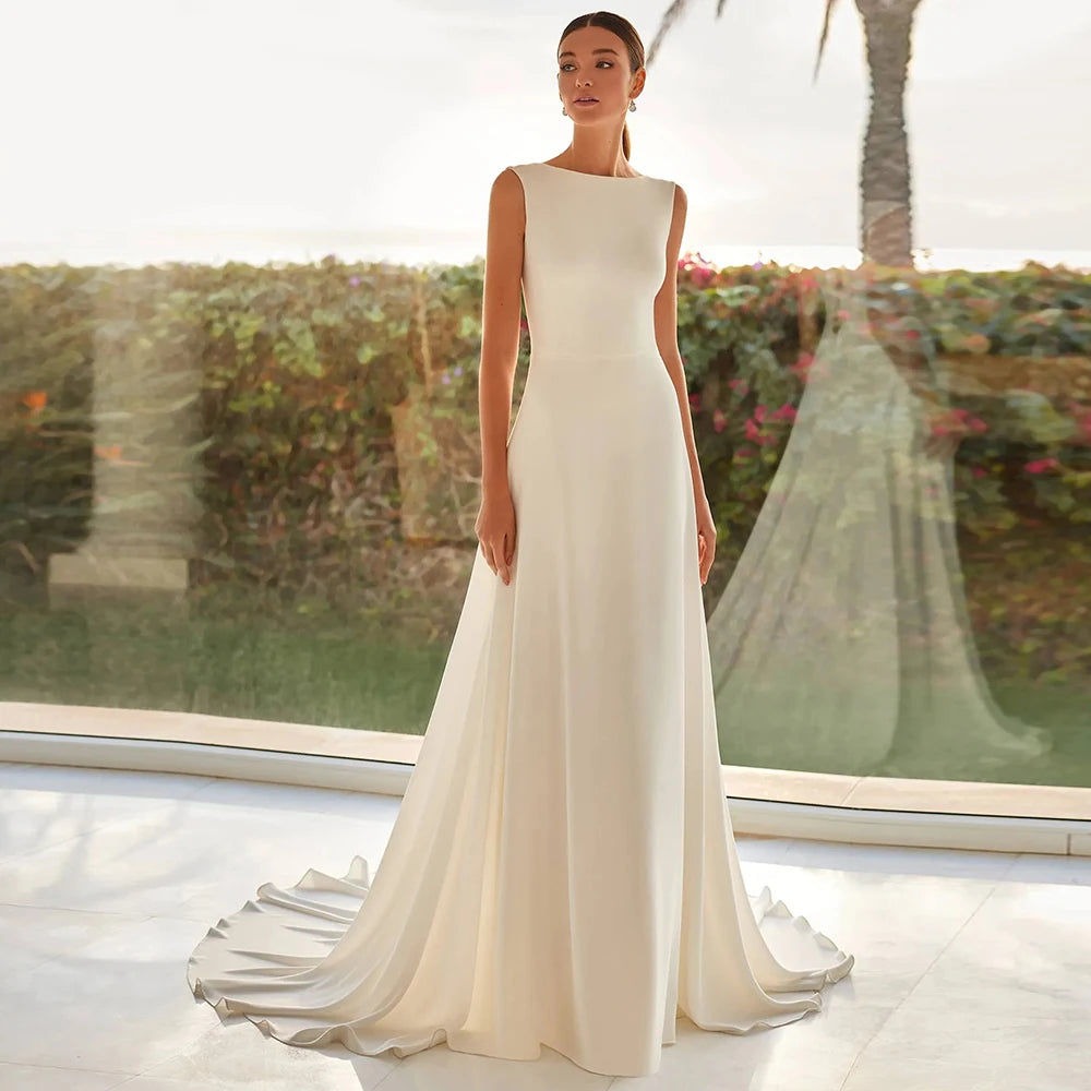 Minimalist O-Neck Jersey Wedding Dress with Open Back – Sleeveless A-Line Brid