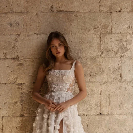 Thumbnail: Luxury Lace A-Line Wedding Dress – Beaded 3D Embroidery, Square Neck, Court Tr
