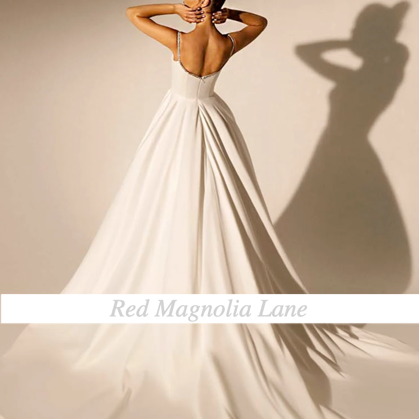 Thumbnail: Minimalistic  Square Collar Princess Satin Bridal Gown with Chapel Train
