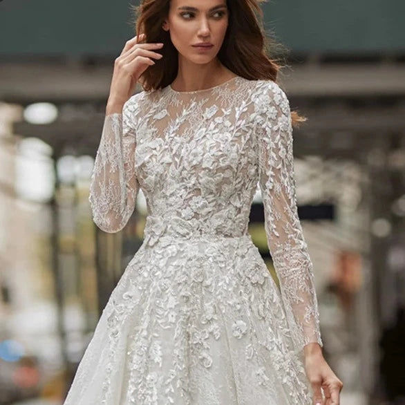 Thumbnail: Classic Vintage Italian Lace A-Line Wedding Dress with Illusion Long Sleeves and