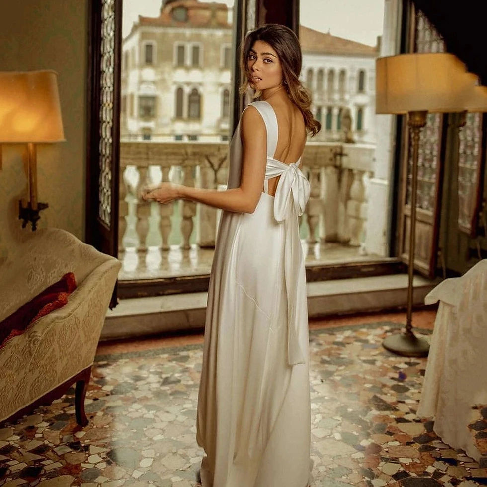 Thumbnail: Classic Empire Waist Satin Wedding Dress with V-Neck and Draped Bow Detail