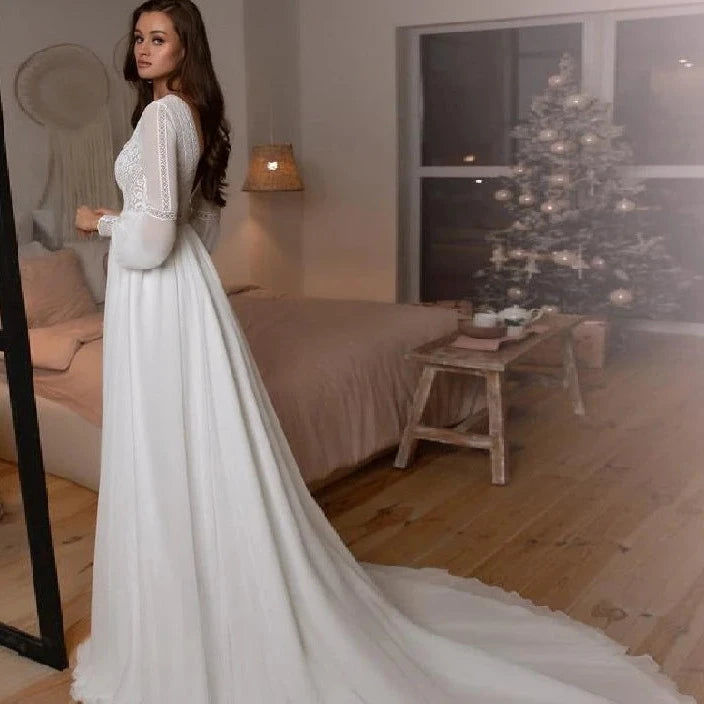 Thumbnail: Bohemian Lace Wedding Dress with Long Sleeves | A-Line Bridal Gown with Backless