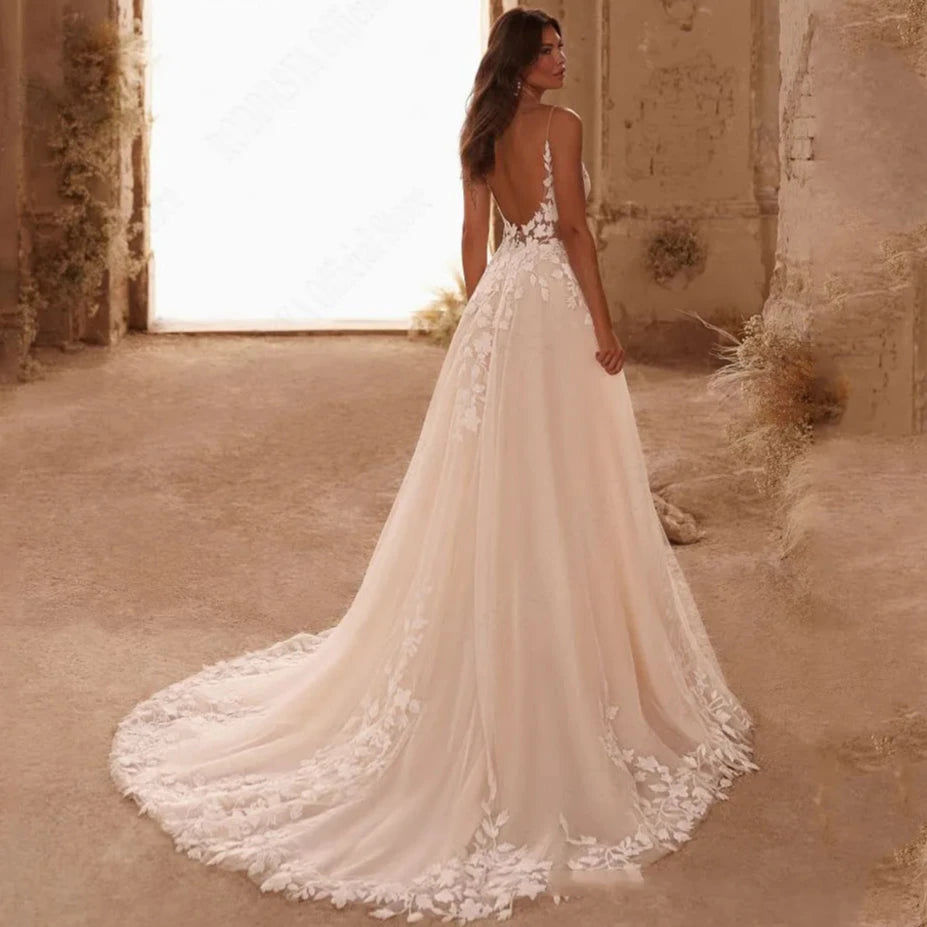 Thumbnail: Spaghetti Straps Glitter Wedding Dress | Shiny Tulle V-Neck Boho Bridal Gown wit