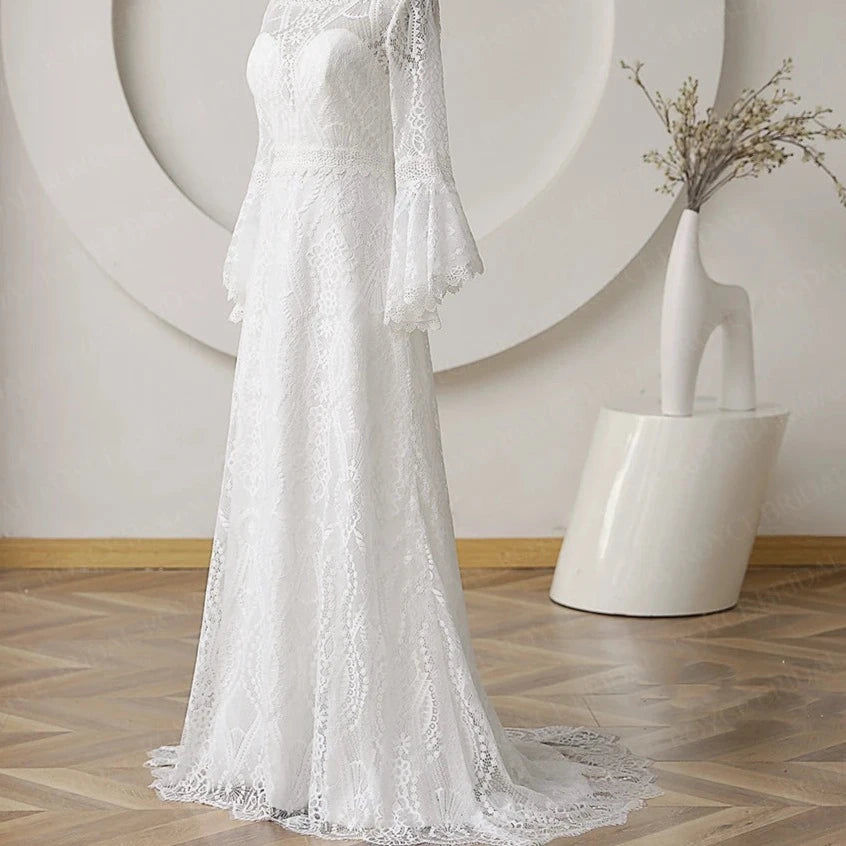 Thumbnail: Vintage Bohemian Lace Wedding Dress with Flare Sleeves and Scoop Neckline