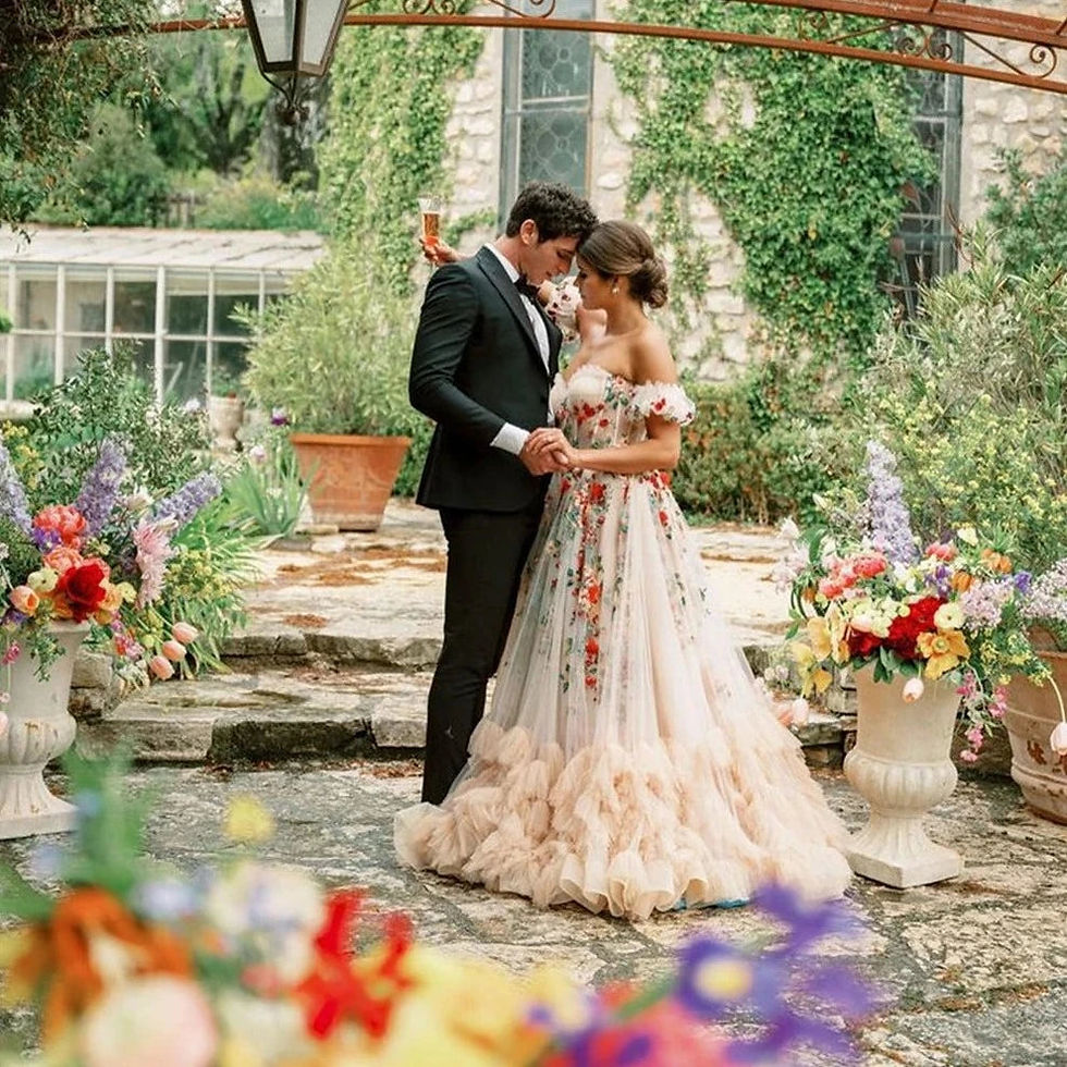 Thumbnail: Enchanting Off-Shoulder A-Line Tulle Wedding Dress with Floral Appliques & Ruffl