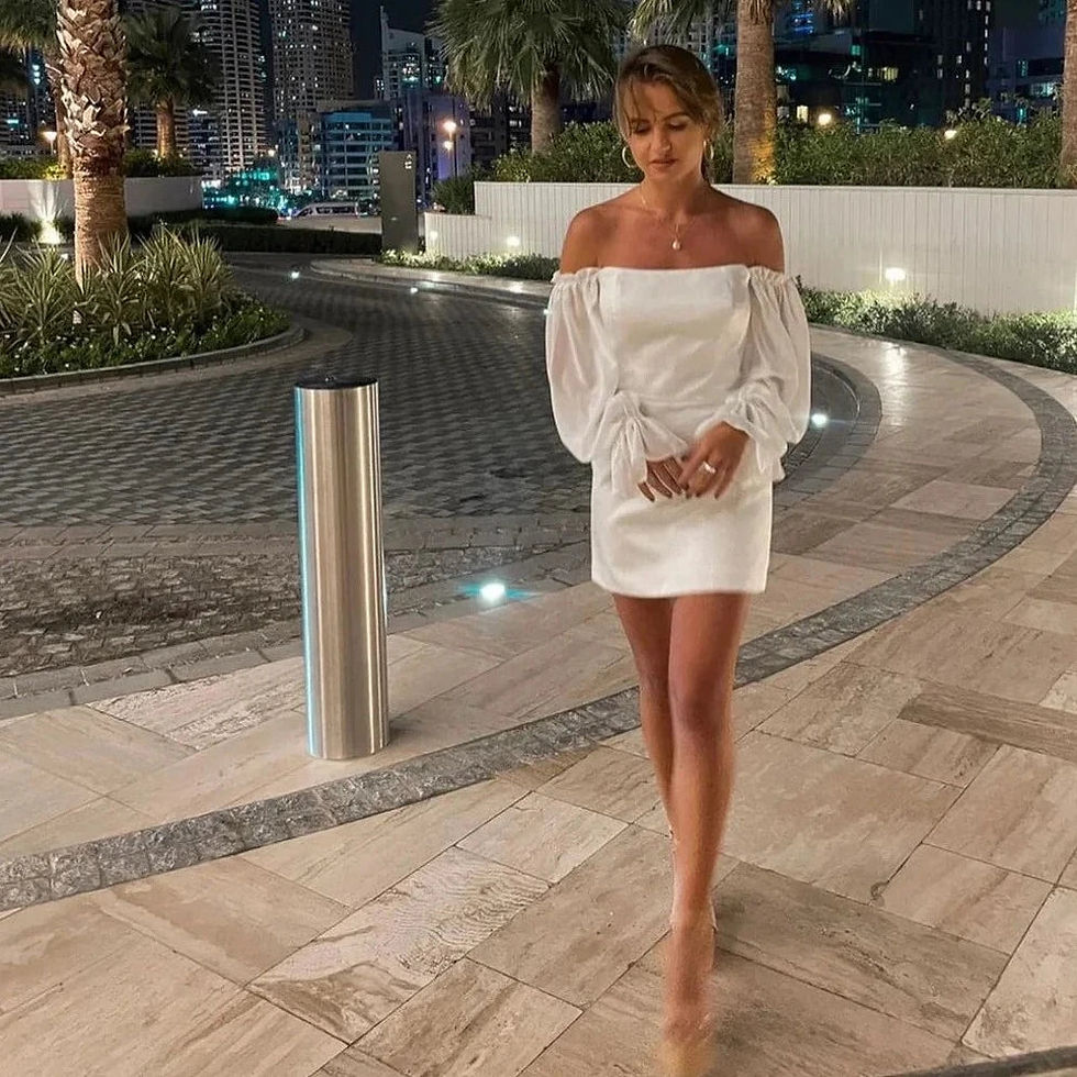 Thumbnail: Simple Strapless Sheath Open Back Wedding Dress with Long Sleeves | Above Knee B