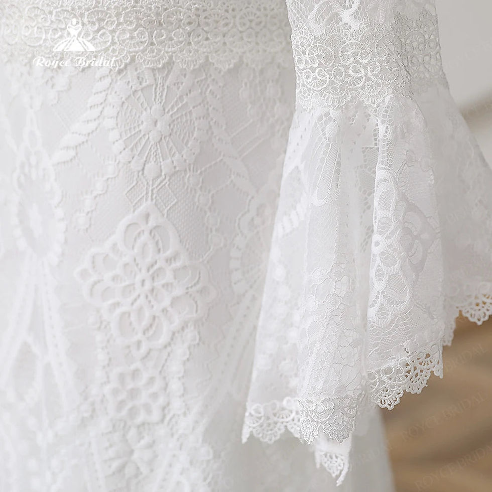 Thumbnail: Vintage Bohemian Lace Wedding Dress with Flare Sleeves and Scoop Neckline