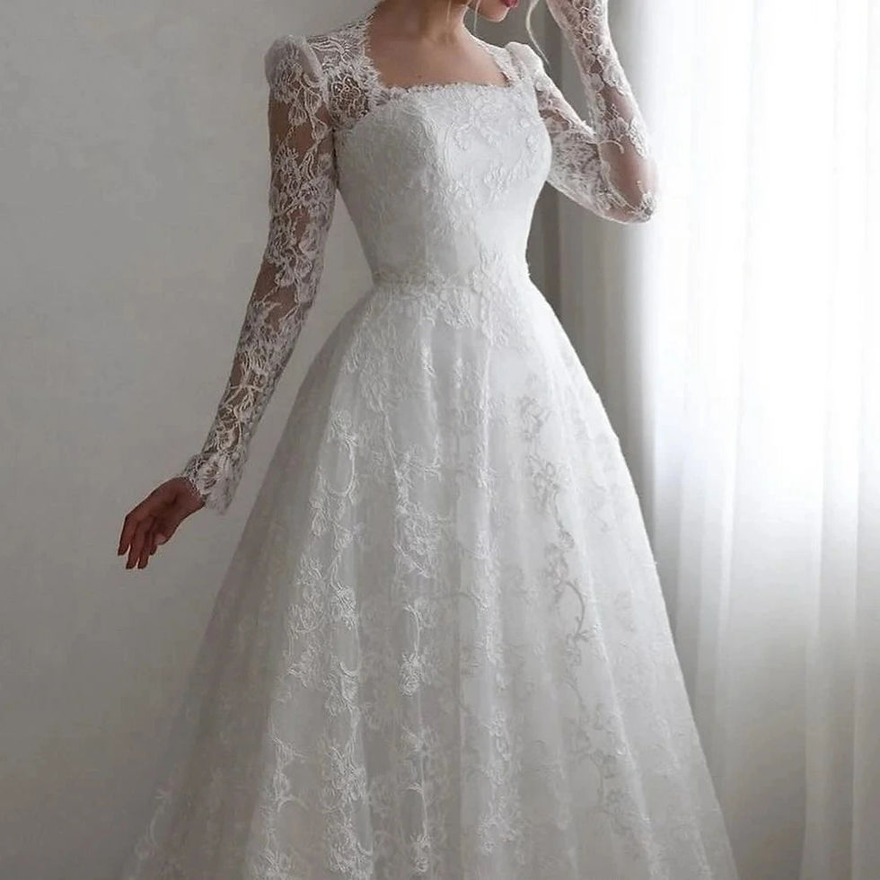 Thumbnail: Boho Lace A-Line Wedding Dress – Square Neckline, Full Sleeves, Custom Train O