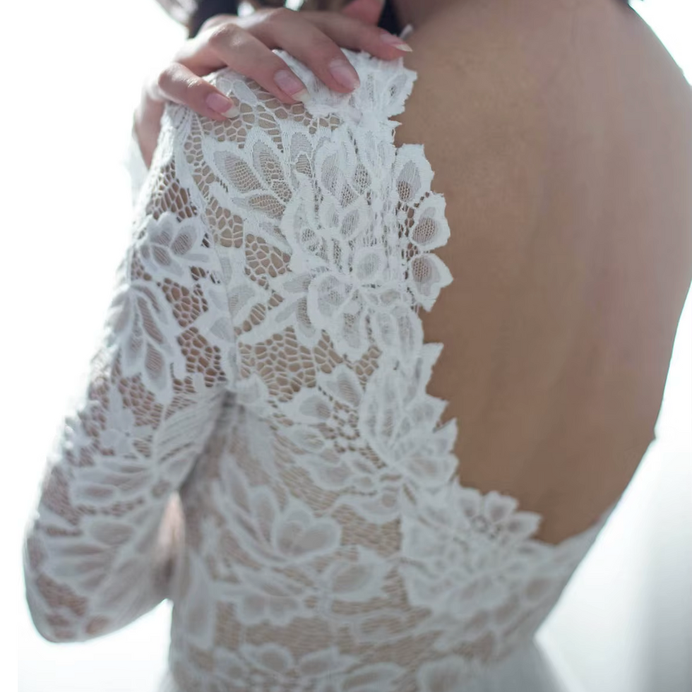 Thumbnail: Elegant A-Line Lace Bohemian Wedding Dress – Open Back, Sweep Train, Full Slee