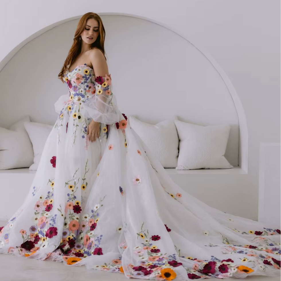 Thumbnail: Boho Floral Embroidered Wedding Dress – Sweetheart Neckline, Detachable Sleeve