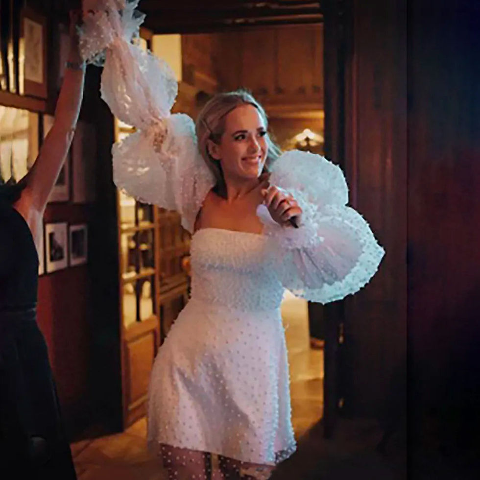 Thumbnail: Pearls Studded Long Puff Sleeves Wedding Dress