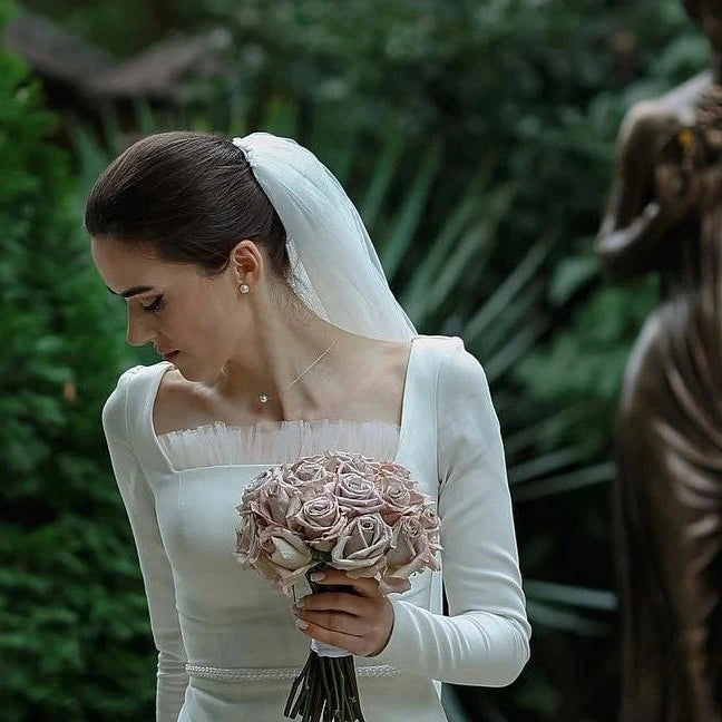 Thumbnail: Soft Satin Long Sleeve Modest Wedding Dress with Square Neck and Elegant A-Line 