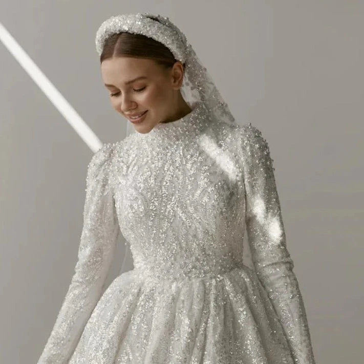 Thumbnail: Exquisite High-Neck Muslim Wedding Dress with Beading and Pearls, Modest Design 