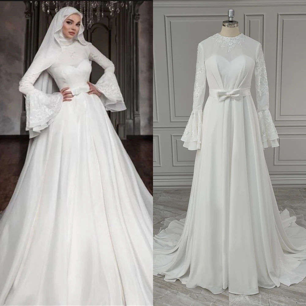 Dubai Flare Sleeve A-Line Chiffon Wedding Dress | Exquisite Bridal Gown with App