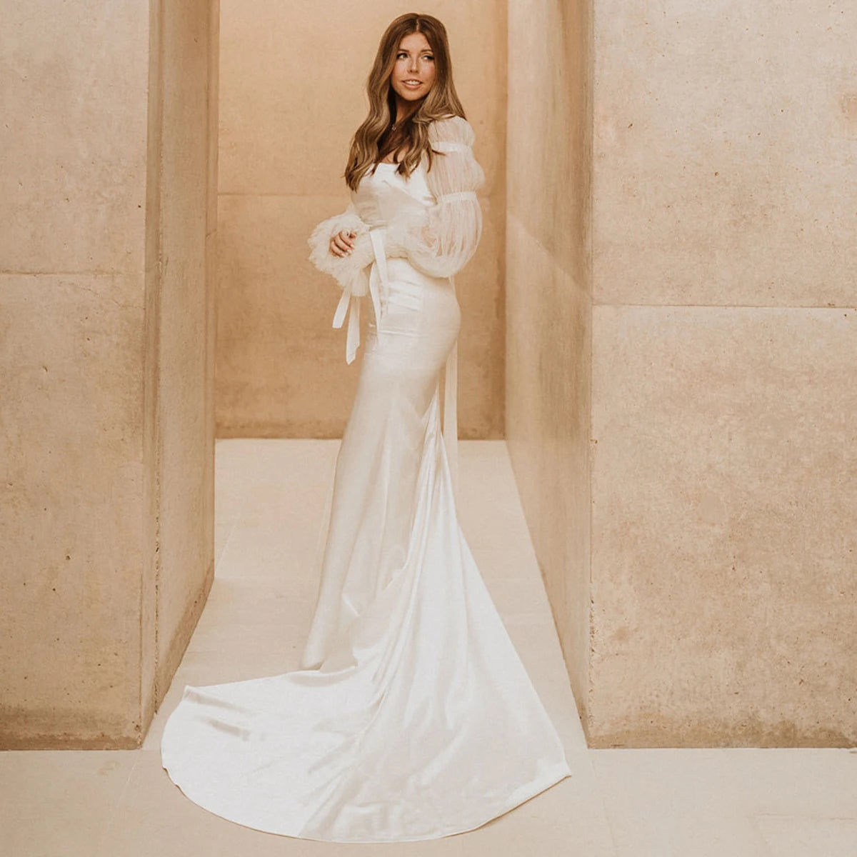 Victorian Mermaid Wedding Gown with Long Pleated Lantern Sleeves and Square Neck