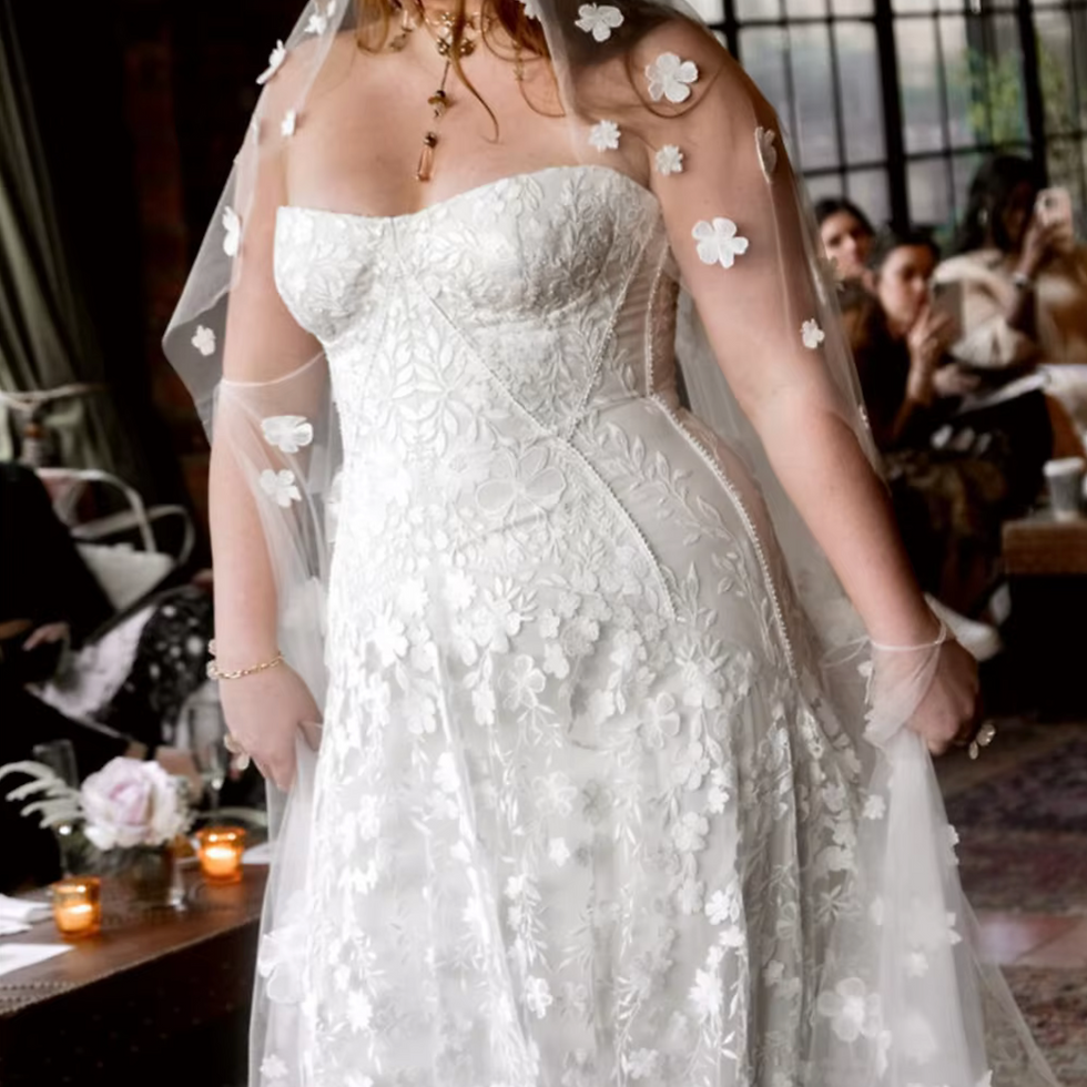Thumbnail: Floral Embroidery Wedding Dress | Boho A-Line Lace Bridal Gown