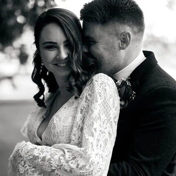 Thumbnail: Bohemian Mermaid Wedding Dress with Lace V-Neck and Flare Sleeves