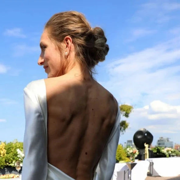 Thumbnail: Contemporary Soft Satin Wedding Dress with Full Sleeves and Scoop Neckline - Ele