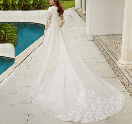 Thumbnail: Elegant Lace Long Sleeve Wedding Dress with Sparkling A-Line Tulle and V-Necklin