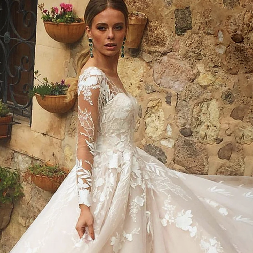 Thumbnail: Elegant Vintage Italian Princess Bridal Gown with Embroidered Organza, Full Slee
