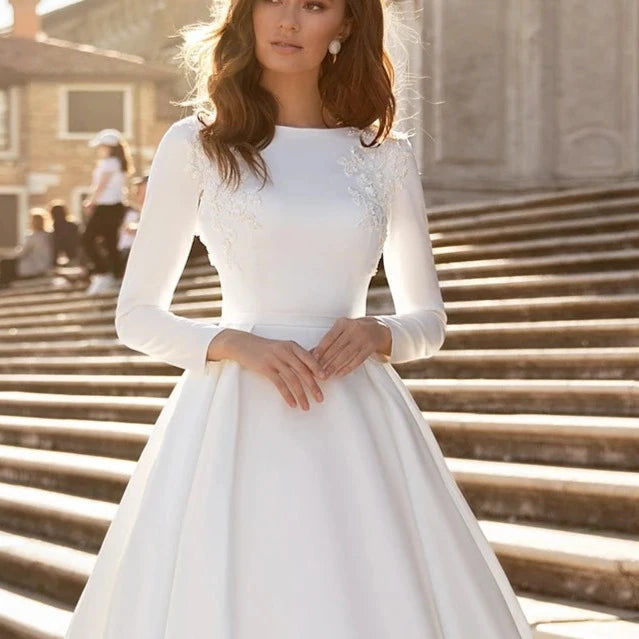 Thumbnail: Elegant Princess Ball Gown Wedding Dress | Long Sleeve Satin Bridal Gown