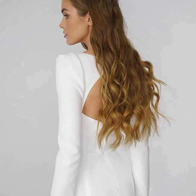 Thumbnail: Sleek Satin Mermaid Wedding Dress with Square Neck and Long Sleeves - Elegant Mi