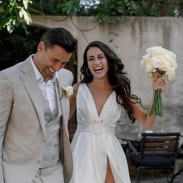 Thumbnail: Elegant A-Line Soft Satin Wedding Dress with V-Neck and Detachable Train