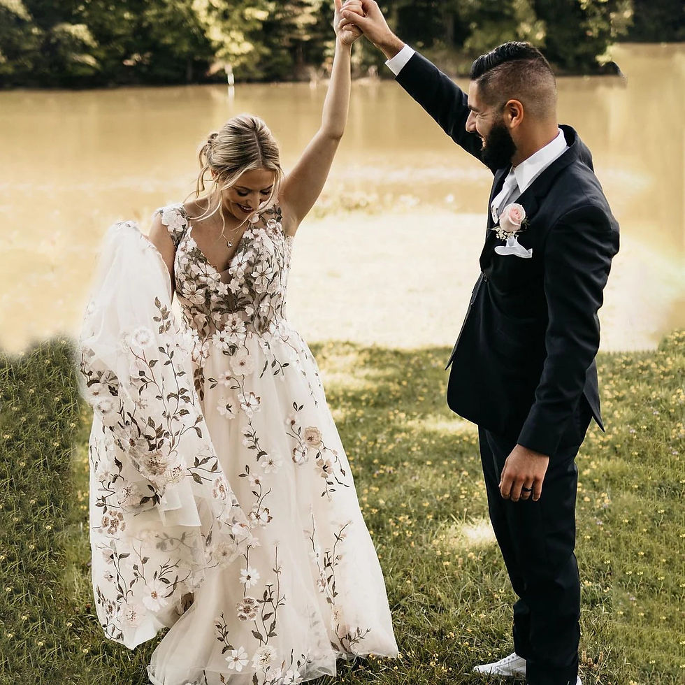 Thumbnail: Romantic Cap Sleeves Embroidered Floral Wedding Dress with Plunge V-Neck and Swe