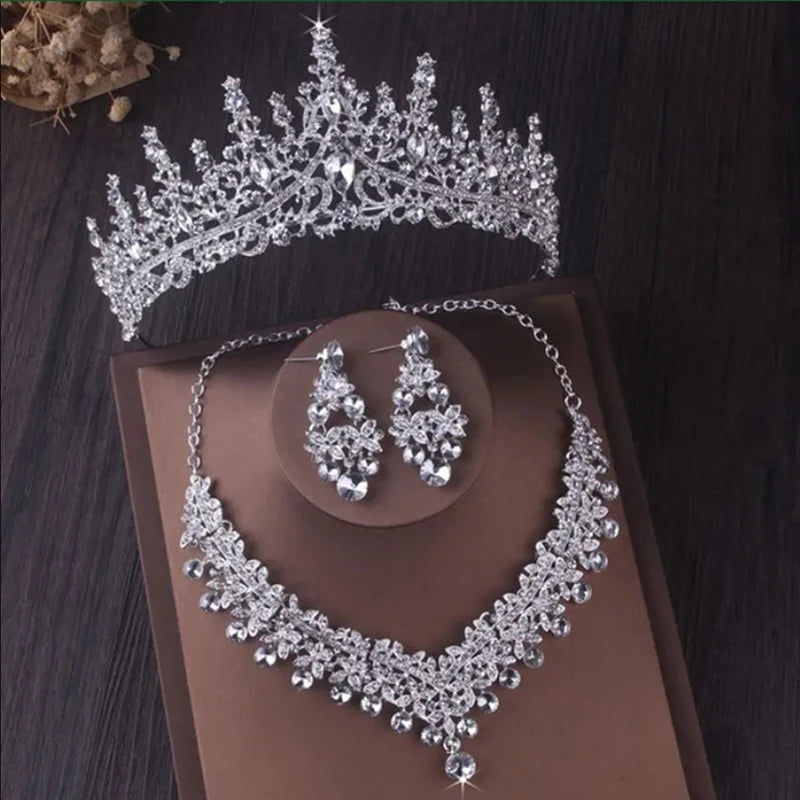 Thumbnail: Luxury Silver Color Crystal Water Drop Bridal Jewelry Set - Rhinestone Tiara wit