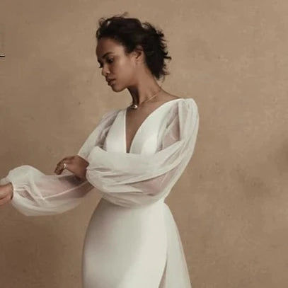 Thumbnail: Elegant Mermaid Wedding Dress with Detachable Train & Long Sleeves