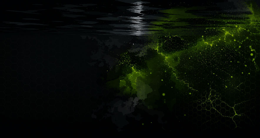 Green bioluminescent algae glowing in dark water