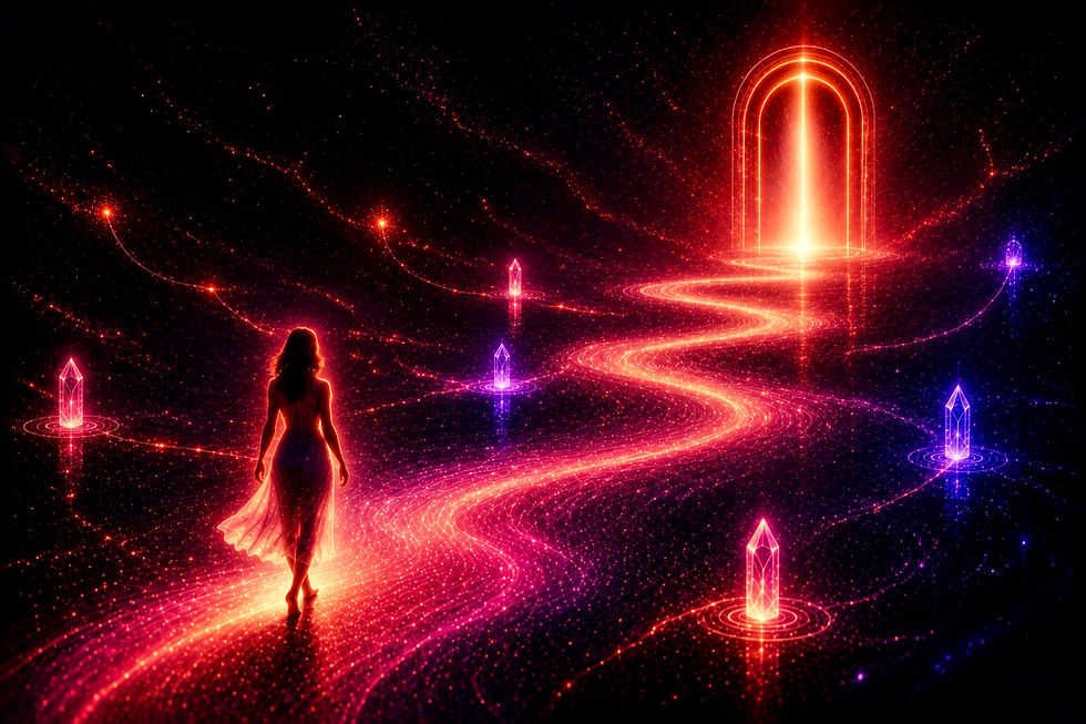 User experience design illustration featuring a glowing pathway with crystal guideposts leading toward a radiant portal, symbolizing intuitive user journeys, seamless digital experiences, customer engagement, and thoughtful interface design.