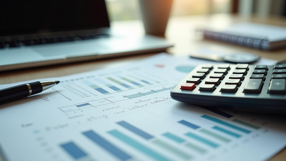 High angle view of a desk with a laptop, calculator, and tax planning notes