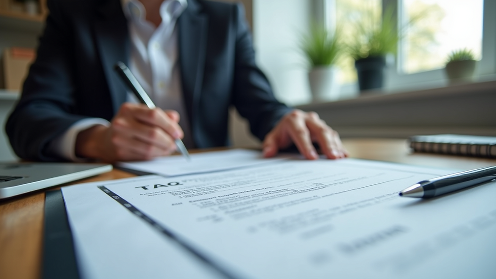 Close-up view of a person reviewing property tax documents at a desk