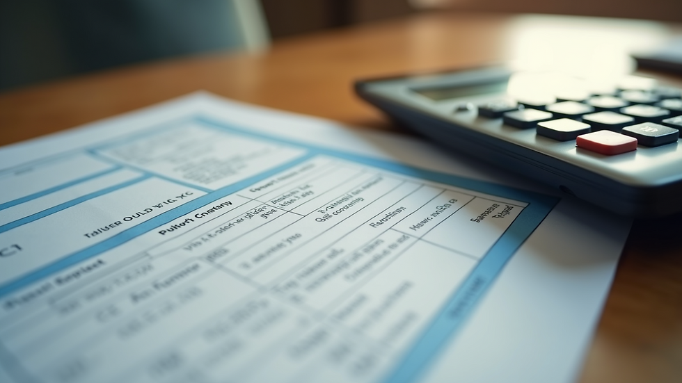 Close-up view of a calculator and tax forms on a wooden table