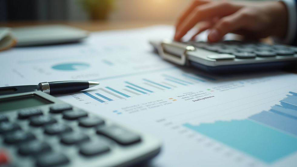 Eye-level view of a calculator and financial documents on a desk