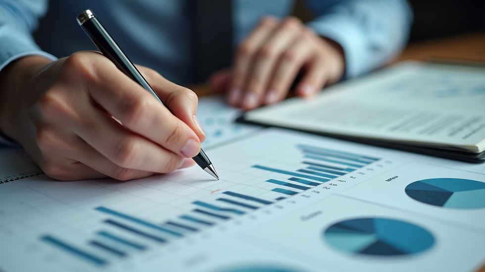 Close-up of a person reviewing financial charts and tax documents