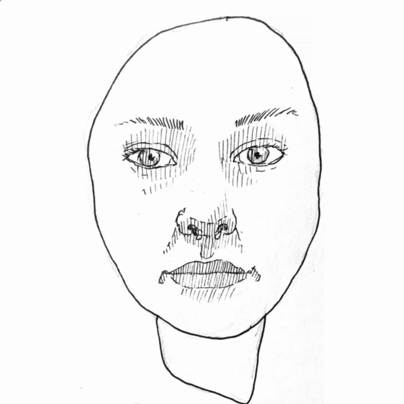 A black and white ink drawing illustration gif of a girl's face