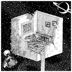 A black and white ink drawing of a room floating in space full of water with a bug astronaut. Album artwork for Chamomile's Distressed on Spotify.