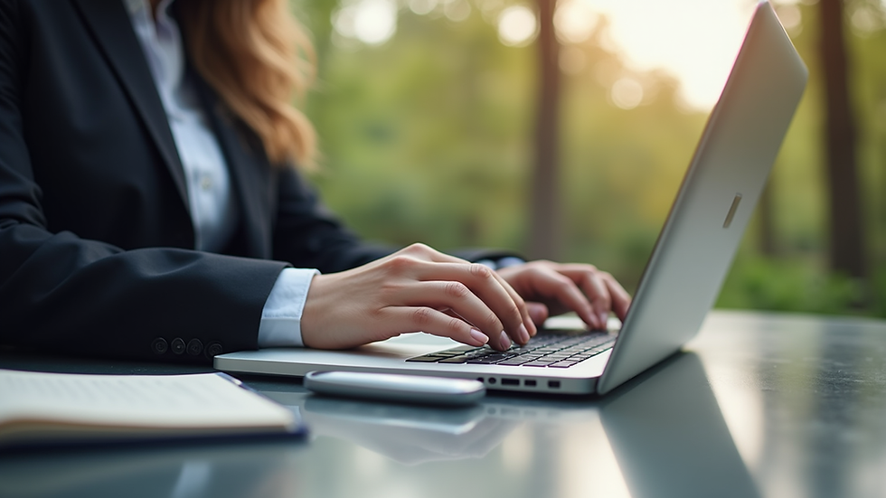 Close-up view of a mobile notary agent using a laptop outdoors