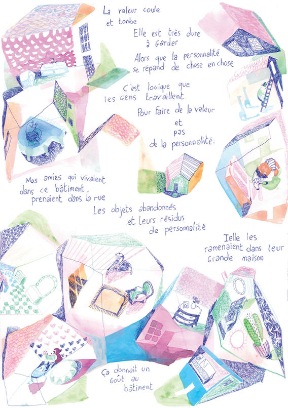 Félix Rouxel. Odakabo. Planche 13. Gouache, crayon de papier, feutre et stylo sur papier. 30x42cm. Hiver 2023-2024. Un batiment rose en perspective.