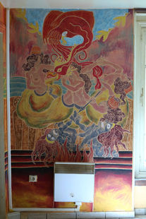 Félix Rouxel. La grande migration. Peinture acrylique. Avril 2018. Un paysage vallonné brun puis bleu dans le fond. Il est parcouru par des troupeaux de chevaux, de chameaux et quelques oiseaux.