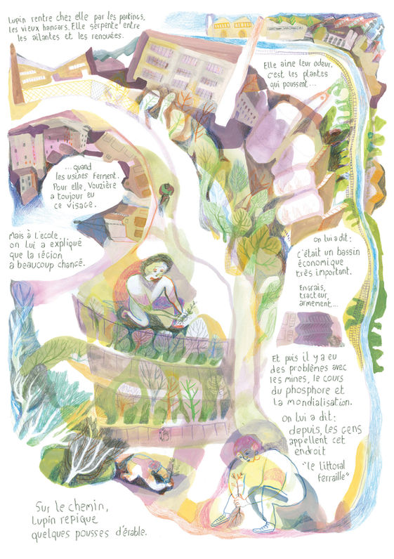 Félix Rouxel. Printemps sec. Planche 2. Gouache crayon et stylo sur papier. 65x50cm. Printemps 2024. Vert violet orange. Une femme arpente des friches industrielles et y plante des arbres.