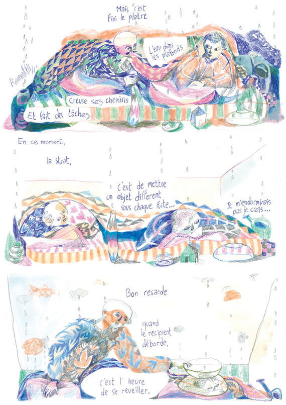 Félix Rouxel. Odakabo. Planche 6. Gouache, crayon de papier, feutre et stylo sur papier. 30x42cm. Hiver 2023-2024. Un batiment rose en perspective.