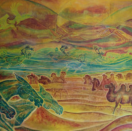 Félix Rouxel. La grande migration. Acrylique. Un paysage vallonné brun puis bleu dans le fond. Il est parcouru par des troupeaux de chevaux, de chameaux et quelques oiseaux.